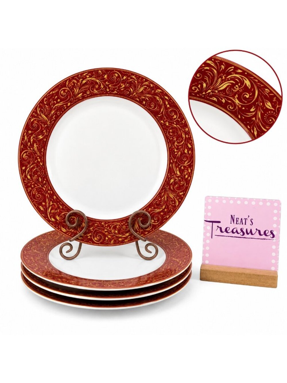 Chris Madden JC Penny MONTALIRA RED Gold Scroll Porcelain Dinner Plate Set 4